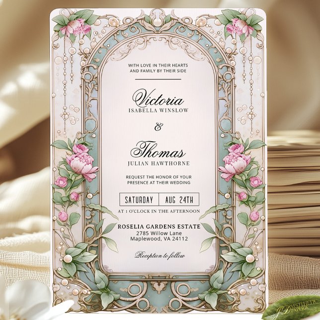 Romantic Art Nouveau Pink Peony Wedding Invitation (Creator Uploaded)