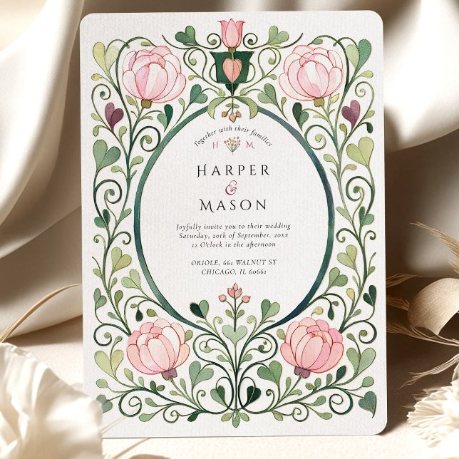 Romantic Art Nouveau Pink Peony Wedding Invitation (Creator Uploaded)