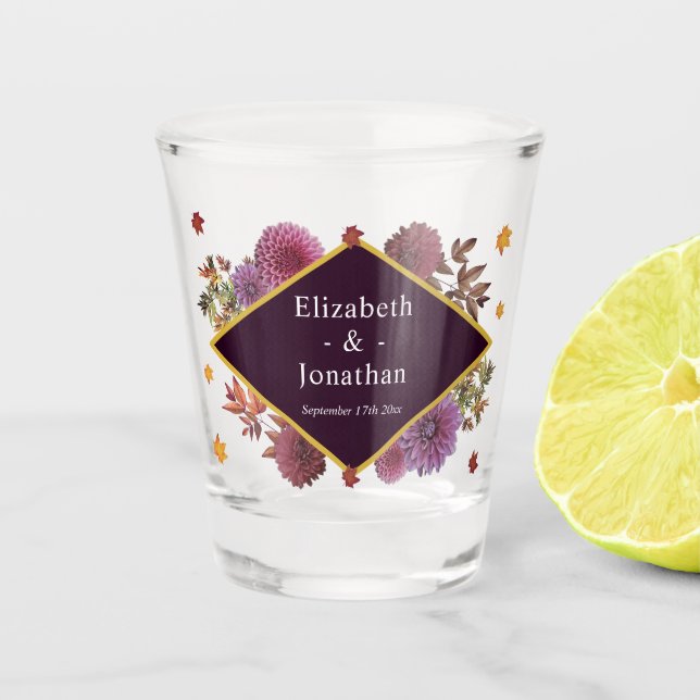 Romantic Autumn Dahlia Wedding Shot Glass (Front)