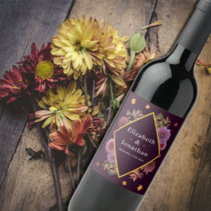 Romantic Autumn Dahlia Wedding Wine Label