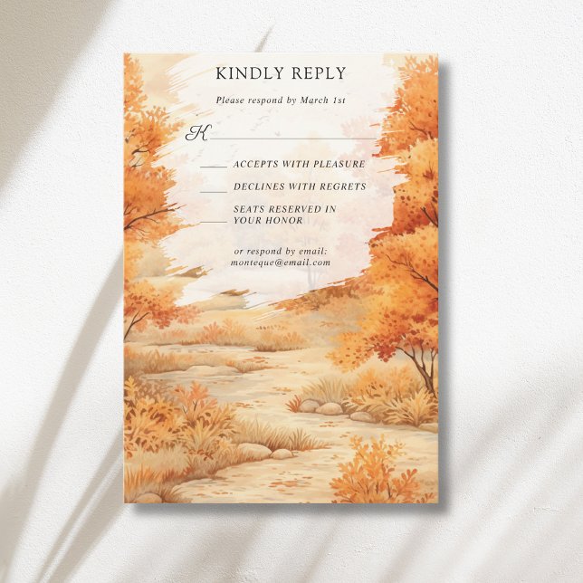 Romantic Autumn Forest Path Leaves Fall Wedding RSVP Card (Creator Uploaded)
