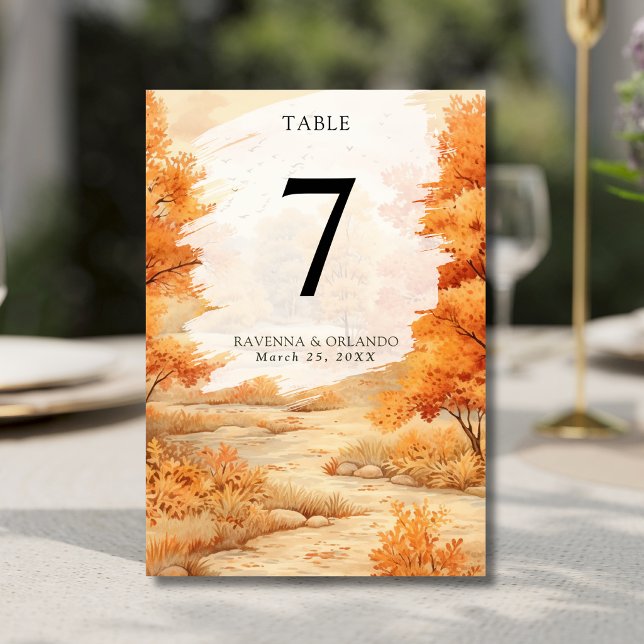Romantic Autumn Forest Path Leaves Fall Wedding Table Number (Creator Uploaded)