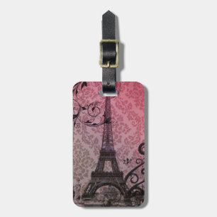 romantic autumn pink damask Paris Eiffel Tower Luggage Tag