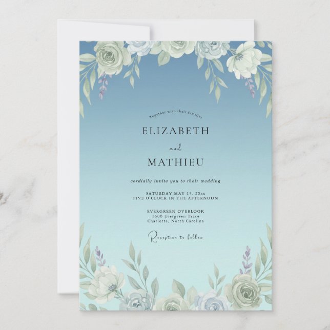 Romantic Azure Painted Leaf Wedding Invitation (Front)