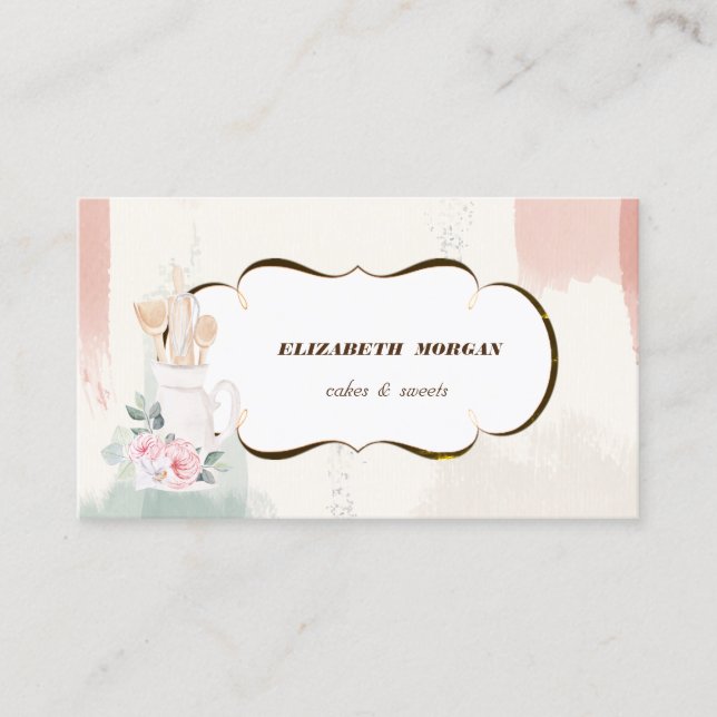 Romantic Bakery Watercolor Bakery Pastry Hand Tool Business Card (Front)