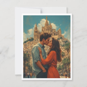 Romantic Barcelona Couple Kissing Postcard