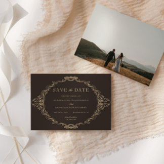 Romantic Baroque Ornate Frame Dark Brown Photo Save The Date