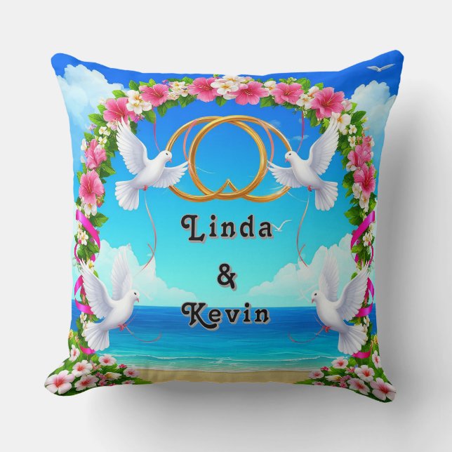 Romantic Beach Ocean Scene with Floral Arch Cushion (Front)