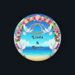 Romantic Beach Ocean Scene with Floral Arch Magnet<br><div class="desc">A scenic beach adorned with a floral arch,  doves,  and interlocking rings portraying a romantic atmosphere,  ideal for wedding-related purposes.</div>