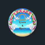 Romantic Beach Ocean Scene with Floral Arch Magnet<br><div class="desc">A scenic beach adorned with a floral arch,  doves,  and interlocking rings portraying a romantic atmosphere,  ideal for wedding-related purposes.</div>