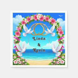 Romantic Beach Ocean Scene with Floral Arch Napkin