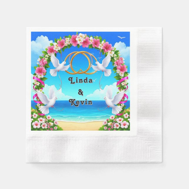 Romantic Beach Ocean Scene with Floral Arch Napkin (Front)