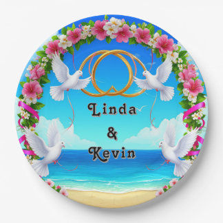 Romantic Beach Ocean Scene with Floral Arch Paper Plate