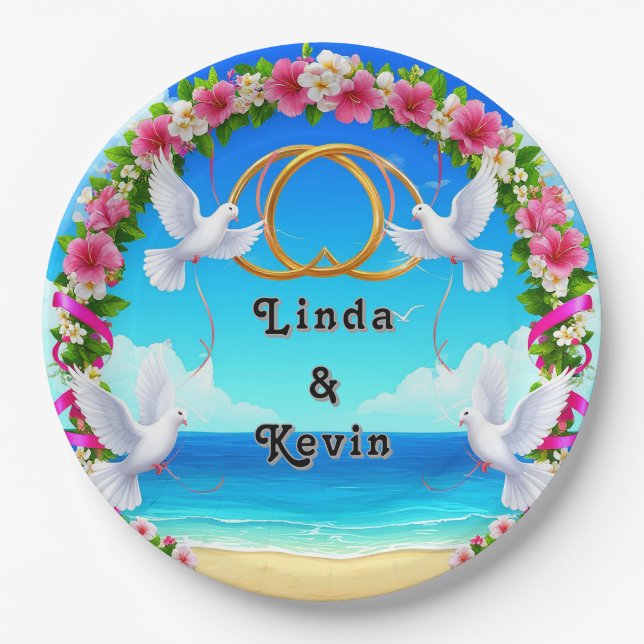 Romantic Beach Ocean Scene with Floral Arch Paper Plate (Front)