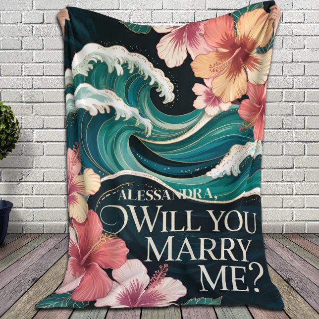 Romantic Beach Proposal Tropical Wave Floral Fleece Blanket (Creator Uploaded)