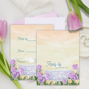 Romantic Beach Sunset Purple Florals Wedding Reply RSVP Card