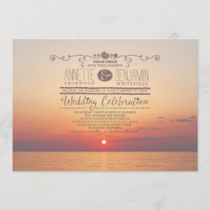 romantic beach sunset sea wedding invitation