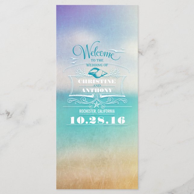 romantic beach wedding programs - ombre blue sea (Front)