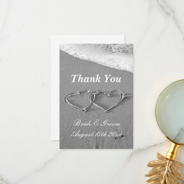 Romantic beach wedding sandy heart drawing thank you card (Front/Back In Situ)
