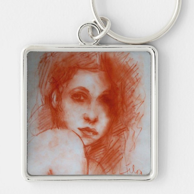 ROMANTIC BEAUTY / Woman Portrait in Sepia Brown Key Ring (Front)