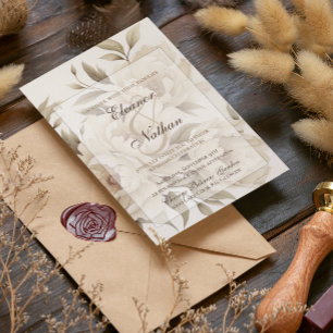 Romantic Beige Peonies Floral Vintage Fall Wedding Invitation