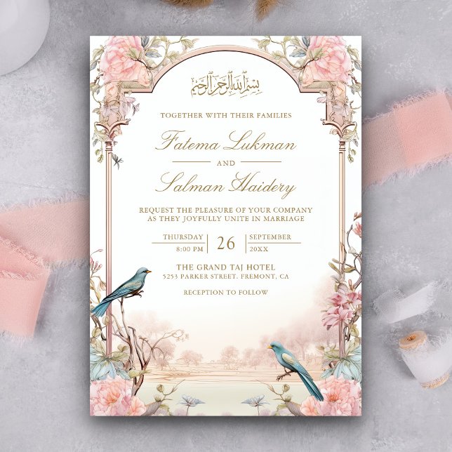 Romantic Birds Blush Pink Floral Muslim Wedding Invitation (Creator Uploaded)