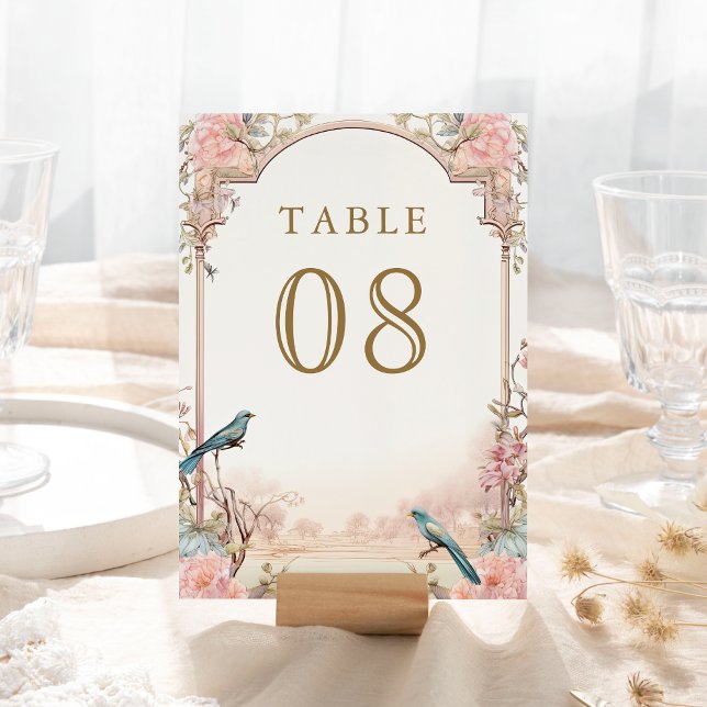 Romantic Birds Blush Pink Floral Wedding Table Number (Creator Uploaded)