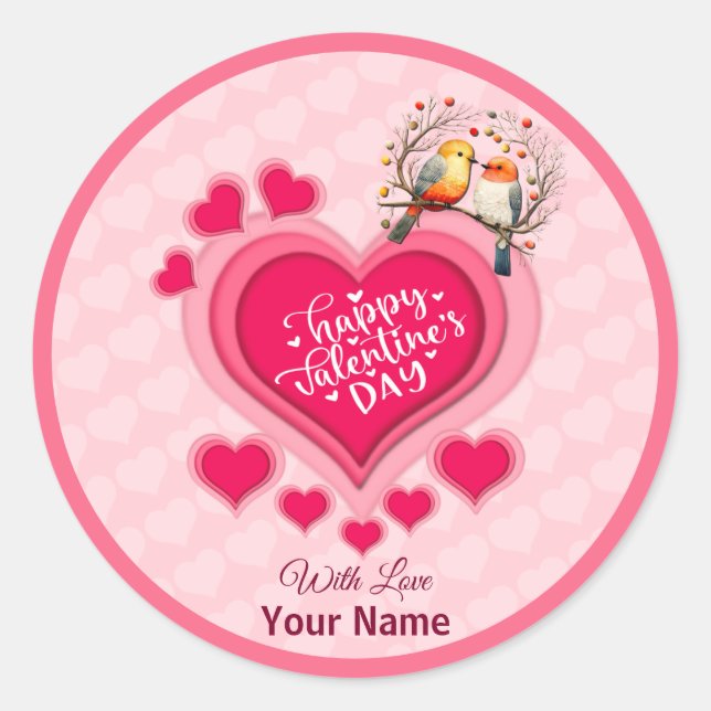 Romantic Birds on Branch Valentine's Day and Heart Classic Round Sticker (Front)