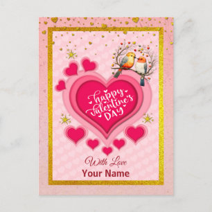 Romantic Birds on Branch Valentine's Day and Heart Holiday Postcard