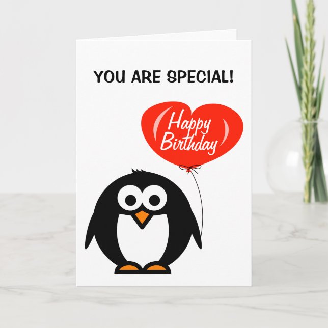 Romantic birthday card | penguin and heart balloon (Front)