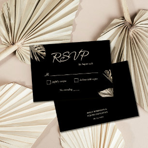 Romantic Black and Gold Botanical Monstera Wedding RSVP Card