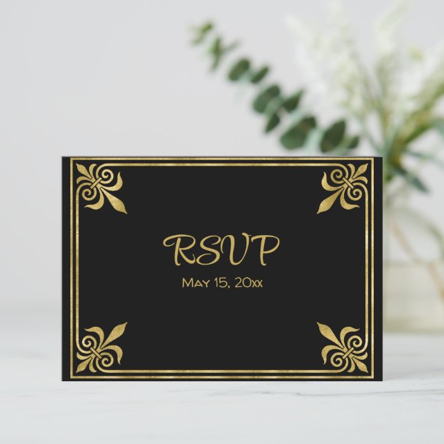 Romantic Black and Gold Frame   RSVP Card (Standing Front)