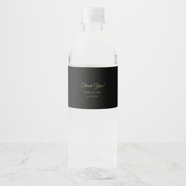 Romantic Black and Gold Wedding  Water Bottle Label (Front)