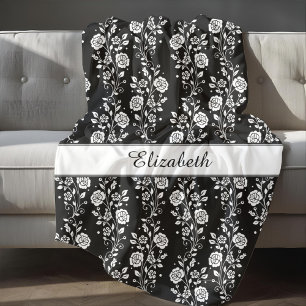 Romantic Black And White Floral Pattern Name Print Fleece Blanket