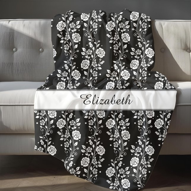 Romantic Black And White Floral Pattern Name Print Fleece Blanket (Monogram Black And White Gingham Fleece Blanket)