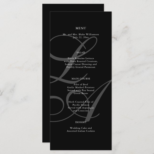 Romantic Black and White Monogram Wedding Menu (Front/Back)