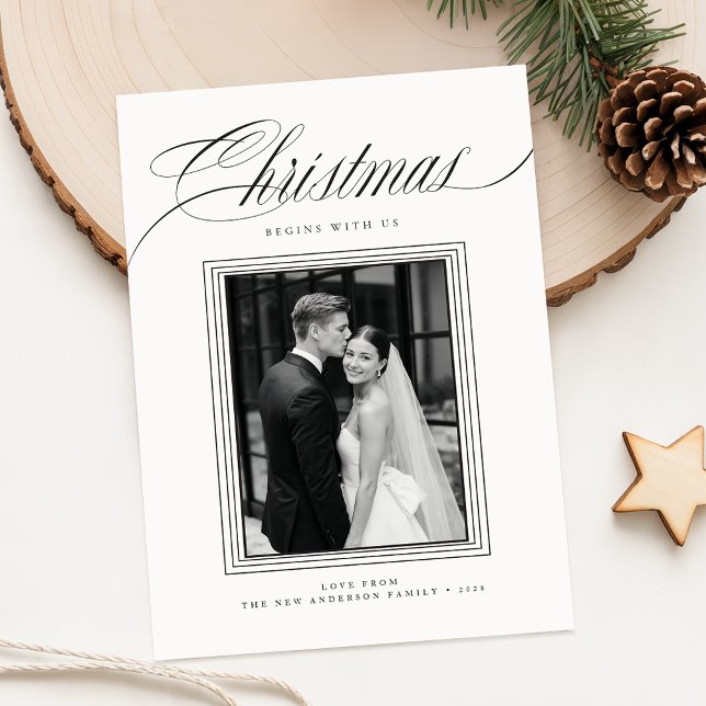 Romantic Black and White Newlywed Photo Christmas Holiday Card (Creator Uploaded)