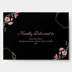 Romantic Black Blush Pink Floral Gold Geometric Envelope