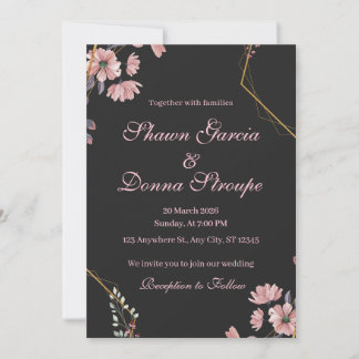 Romantic Black Blush Pink Floral Wedding Invitation