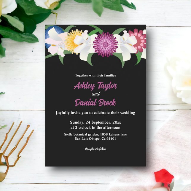 Romantic Black Boho Colourful Roses Floral Wedding Invitation (Creator Uploaded)