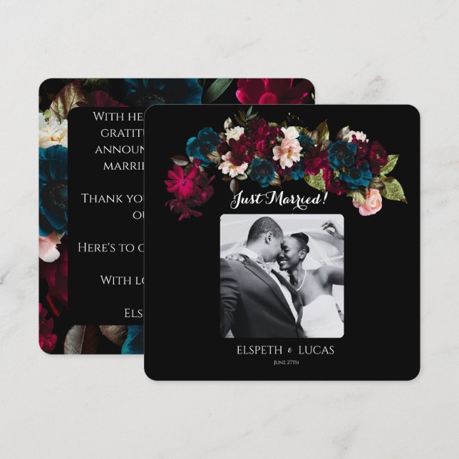 Romantic Black, Burgundy and Teal Floral Wedding Announcement (Front/Back)