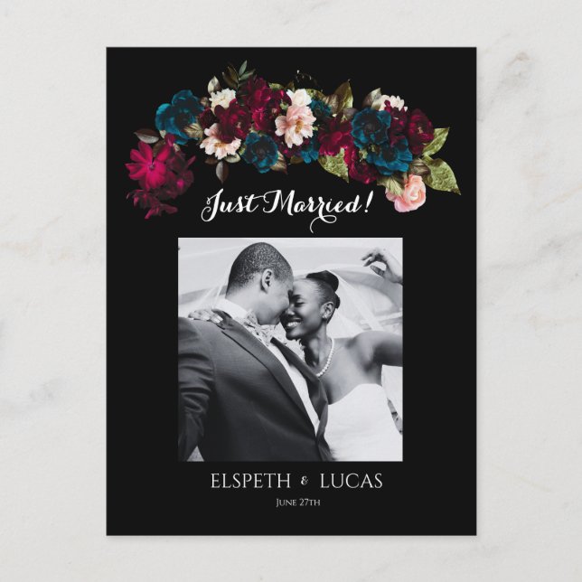 Romantic Black, Burgundy and Teal Floral Wedding Announcement Postcard (Front)