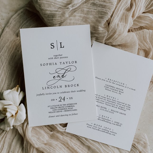Romantic Black Calligraphy All In One Wedding Invitation (Creator Uploaded)
