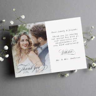 Romantic Black Calligraphy Photo Wedding  Thank You Card