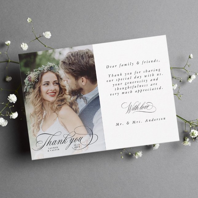 Romantic Black Calligraphy Photo Wedding  Thank You Card (Creator Uploaded)