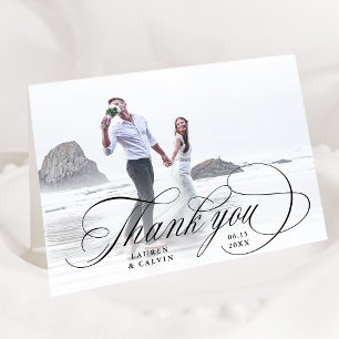 Romantic Black Calligraphy Wedding Photo Folded Thank You Card
