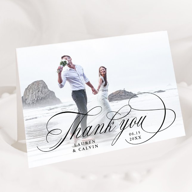 Romantic Black Calligraphy Wedding Photo Folded Thank You Card (Creator Uploaded)