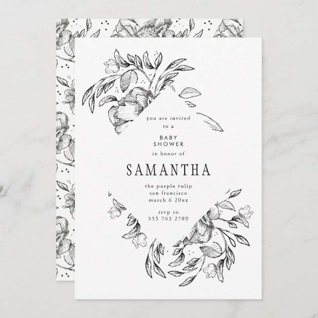 Romantic Black Floral Baby Shower Invitation (Front/Back)