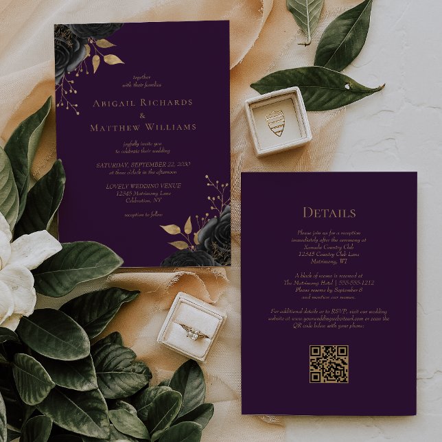 Romantic Black Gold Floral Purple QR Code Wedding Invitation (Creator Uploaded)