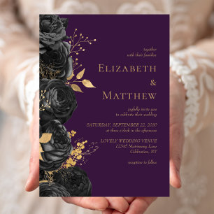 Romantic Black Gold Floral Purple Wedding Invitation